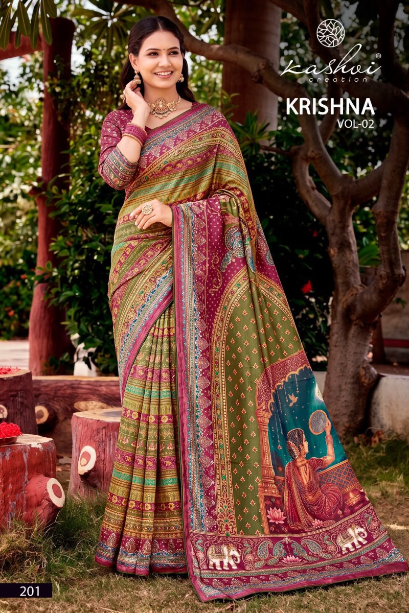 Krishna Vol 2 By Kashvi Chocolate Digital Print Glass Work Saree 